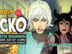 CA – Sicko #1 Signing | July 29th Promotional poster for "SICKO" launch signing featuring comic art, event details, and a photo of writer Tini Howard wearing a horned hat.