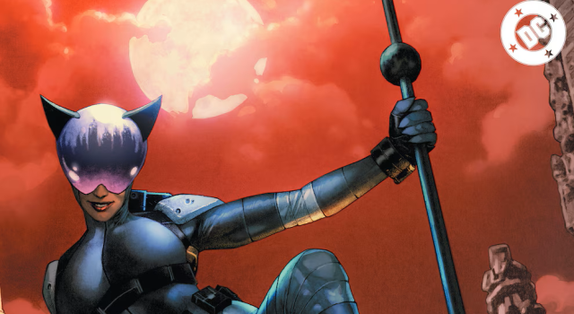 DC Comics Unveils Lineup for SDCC 2026 A woman in a cat-themed costume crouches with a staff against a red sky and full moon, with city buildings in the background and a DC logo in the corner.