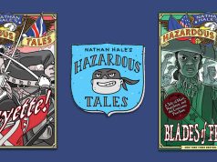 CA – The Mighty Bite Singing | July 18th Three images: two graphic novel covers from Nathan Hale’s Hazardous Tales series featuring “Lafayette!” and “Blades of Freedom,” with the series logo centered between them on a blue background.