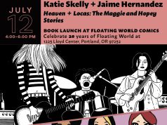 OR – Heaven + Locas Signing | July 12th Poster for a book launch event featuring Katie Skelly and Jaime Hernandez, with illustrated characters, event details, and a "50 In-Person Event" badge.