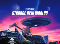 Star Trek Celebrates 60th Anniversary at SDCC! The USS Enterprise from Star Trek is docked in a futuristic city at sunset, with "Strange New Worlds" and Paramount+ 2026 logo displayed.