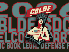 CBLDF Hosts SDCC 2026 Welcome Party Graphic for the 2026 CBLDF SDCC Welcome Party, featuring a stylized Statue of Liberty holding a flag, with bold text for the Comic Book Legal Defense Fund.