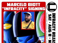 IL – Infracity Signing | Aug 8th Poster for the "Infracity" comic release signing event with creator Marcelo Biott's photo, event details, comic logo, and a brief synopsis at the bottom.