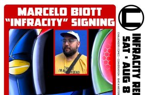 IL – Infracity Signing | Aug 8th Poster for the "Infracity" comic release signing event with creator Marcelo Biott's photo, event details, comic logo, and a brief synopsis at the bottom.