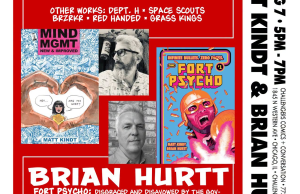 IL – Fort Psycho Signing | Aug 7th Book signing event poster featuring images of comic covers, photos of two people, event details, and descriptions of featured works "Mind MGMT" and "Fort Psycho.