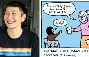 CA – MariNaomi Signing | Aug 8th A person smiles beside a comic where an older woman tells a child, "You should be a writer," leading to the caption, "And thus, little Mari's life was effectively ruined.