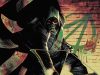 CA – Absolute Green Arrow #1 Signing | July 18th A hooded figure with glowing red eyes holds a bow in front of a brick wall marked with a green symbol, surrounded by flying blood-stained papers.