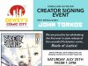 NJ – Blade of Justice #1 Signing | July 25th Event poster for a comic signing with John Torkos at Dewey's Comic City, promoting "Blade of Justice," showing Torkos in a classroom and the comic’s cover illustration.
