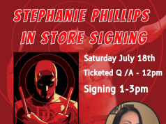 TN – Stephanie Phillips Signing | July 18th Promotional poster for a Stephanie Phillips in-store signing at Nirvana Comics, featuring Daredevil artwork and event details for Saturday, July 18th.