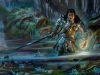 NYC – Magic: The Gathering Signing | July 25th A person in silver armor holds a sword and conjures glowing magic in a misty, fantasy forest with mushrooms and a large mossy stone in the background.