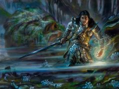 NYC – Magic: The Gathering Signing | July 25th A person in silver armor holds a sword and conjures glowing magic in a misty, fantasy forest with mushrooms and a large mossy stone in the background.