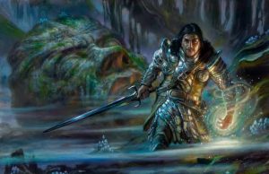 NYC – Magic: The Gathering Signing | July 25th A person in silver armor holds a sword and conjures glowing magic in a misty, fantasy forest with mushrooms and a large mossy stone in the background.