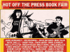 Fantagraphics Celebrates 50 Anniversary on July 11th Poster for "Hot Off the Press Book Fair" at Fantagraphics in Seattle, listing artists, bands, date, time, venue, and featuring an illustrated band graphic.