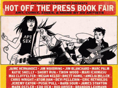 Fantagraphics Celebrates 50 Anniversary on July 11th Poster for "Hot Off the Press Book Fair" at Fantagraphics in Seattle, listing artists, bands, date, time, venue, and featuring an illustrated band graphic.