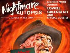 NYC – Nightmare Autopsis Signing | July 30th Poster for a Nightmare Autopsis book signing with author Lowell Greenblatt at Forbidden Planet NYC on July 30th, featuring Freddy Krueger artwork and book cover.