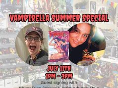 NJ – Vampirella Summer Special Signing | July 11th Promotional flyer for "Vampirella Summer Special" guest signing with writer Erica Schultz and artist Adriana Melo on July 11th, 1–3pm, featuring their photos and comic book artwork.