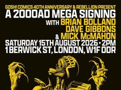 UK – 2000AD Megasigning | Aug 15th Poster for a 2000AD Mega Signing event with comic artists, featuring yellow-toned artwork of Judge Dredd and Judge Death, held on August 15, 2026, at Gosh! Comics in London.