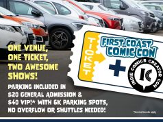 FC3/IC3 2026 on July 11th Rows of parked cars with a promotional banner for First Coast Comic Con, detailing event date, venue, ticket prices, and included parking information.