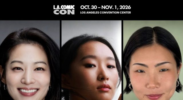 K-Pop Demon Hunters Cast Reunite at LACC 2026 Three women are featured in portrait photos above text promoting "KPop Demon Hunters" as entertainment guests at L.A. Comic Con 2026, with event details and guest names listed.