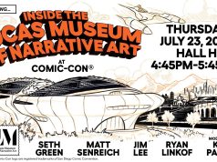 Lucas Museum of Narrative Art Panel at SDCC 2026 Comic-Con panel poster for "Inside the Lucas Museum of Narrative Art" with event details, guest names, and illustrations of a futuristic building and cityscape.