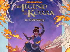 Legend of Korra Concert on July 24th Animated woman in blue outfit bends flames, with "Nickelodeon The Legend of Korra In Concert" text above her; mountains and clouds in the background.