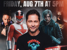 MO – Power Ranger Signing | Aug 7th A man stands in front of superhero characters, with event details for Massey's Comics in Lebanon, MO on Friday, August 7th at 5 PM. Phone number and address are displayed.