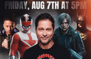 MO – Power Ranger Signing | Aug 7th A man stands in front of superhero characters, with event details for Massey's Comics in Lebanon, MO on Friday, August 7th at 5 PM. Phone number and address are displayed.
