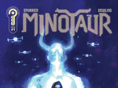 UK – Minotaur #1 Signing | July 18th A person stands in front of a glowing, holographic minotaur figure with drones flying in the background. The comic title "Minotaur" appears at the top.