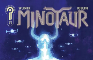 UK – Minotaur #1 Signing | July 18th A person stands in front of a glowing, holographic minotaur figure with drones flying in the background. The comic title "Minotaur" appears at the top.