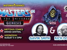 NYC – Masters of the Universe: Genesis #1 Signing | Aug 5th Event banner for "Masters of the Universe: Genesis" signing with Gavin Smith and Rich Douek at Midtown Comics Grand Central on Wednesday, August 5 at 5 PM; includes Skeletor illustration.