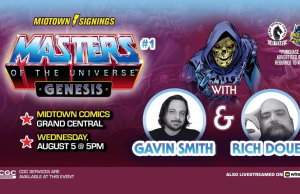 NYC – Masters of the Universe: Genesis #1 Signing | Aug 5th Event banner for "Masters of the Universe: Genesis" signing with Gavin Smith and Rich Douek at Midtown Comics Grand Central on Wednesday, August 5 at 5 PM; includes Skeletor illustration.