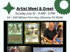 PA – Magic: The Gathering Signing | July 12th Promotional flyer for an artist meet and greet with Bryon ‘Mutt’ Wackwitz, featuring images of him and his artwork, event details, and location in Gibsonia, PA.