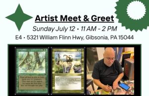 PA – Magic: The Gathering Signing | July 12th Promotional flyer for an artist meet and greet with Bryon ‘Mutt’ Wackwitz, featuring images of him and his artwork, event details, and location in Gibsonia, PA.