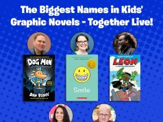 OH – Graphix Creators Speak on Aug 8th A promotional poster for a live event featuring authors of kids' graphic novels: Dog Man, Smile, Leon the Extraordinary, Nat Enough, and Catwad. Scholastic and Graphix logos are shown.