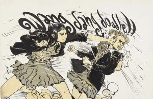 NYC – Paul Pope Exhibition | Aug 1st Two girls in school uniforms are fighting, with one punching the other in the face. The word “Wang Dang Doodle!!” appears in large, stylized letters above them.