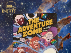 MA – The Adventure Zone Live | July 16th A comic book titled "The Adventure Zone: Story and Song" is displayed against a cosmic background, with a Brookline Booksmith Events logo in the corner.