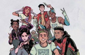 MD – Teen Titans: Together Signing | Aug 12th Poster for a Teen Titans graphic novel signing event featuring illustrated Teen Titans characters, event date, time, and location details with writers’ names Kami Garcia and Gabriel Picolo.