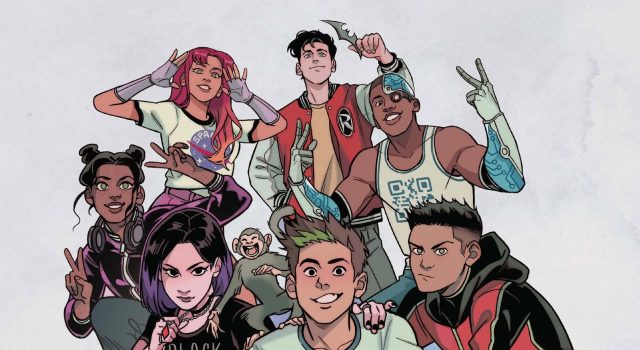 MD – Teen Titans: Together Signing | Aug 12th Poster for a Teen Titans graphic novel signing event featuring illustrated Teen Titans characters, event date, time, and location details with writers’ names Kami Garcia and Gabriel Picolo.