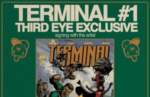 MD – Terminal #1 Variant Signing | July 22nd Promotional poster for a comic signing event featuring artist RD Brown at Third Eye Annapolis, with a dynamic comic book cover and event details.