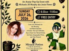 CA – Teatime with Toph | July 26th Event flyer for an Avatar pop-up featuring Michaela Jill Murphy as Jessie Flower, with event details, a character image, and a photo of the actress against a yellow background.
