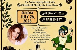 CA – Teatime with Toph | July 26th Event flyer for an Avatar pop-up featuring Michaela Jill Murphy as Jessie Flower, with event details, a character image, and a photo of the actress against a yellow background.