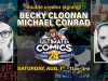 NC – Ultimate Anniversary Signing | Aug 1st Event poster for a comic book signing with Becky Cloonan and Michael Conrad at Ultimate Comics on Saturday, August 1st, from 11am to 3pm, featuring various comic book covers in the background.