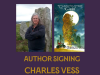 VA – The Queen of Summer’s Twilight Signing | July 25th Author Charles Vess stands before a large stone; next to him is the cover of his novel "Queen of Summer's Twilight." Text below announces an author signing event.