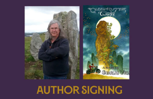 VA – The Queen of Summer’s Twilight Signing | July 25th Author Charles Vess stands before a large stone; next to him is the cover of his novel "Queen of Summer's Twilight." Text below announces an author signing event.