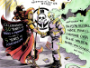MI – Vault of Midnight 30th Anniversary | July 11th A Roman soldier and a skeleton astronaut shake hands in front of a black skull banner. Event details and artist names are listed on colorful signs around them.