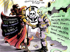 MI – Vault of Midnight 30th Anniversary | July 11th A Roman soldier and a skeleton astronaut shake hands in front of a black skull banner. Event details and artist names are listed on colorful signs around them.