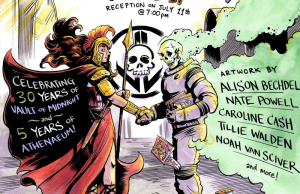 MI – Vault of Midnight 30th Anniversary | July 11th A Roman soldier and a skeleton astronaut shake hands in front of a black skull banner. Event details and artist names are listed on colorful signs around them.
