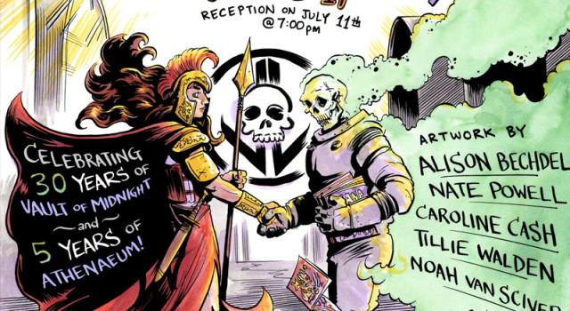 MI – Vault of Midnight 30th Anniversary | July 11th A Roman soldier and a skeleton astronaut shake hands in front of a black skull banner. Event details and artist names are listed on colorful signs around them.