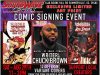 NC – Vampirella vs Red Sonja Red City Signing | Aug 29th Comic signing event poster featuring writer Chuck Brown, covers of “Vampirella vs. Red Sonja,” event details, and store contact information.