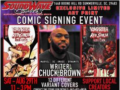 NC – Vampirella vs Red Sonja Red City Signing | Aug 29th Comic signing event poster featuring writer Chuck Brown, covers of “Vampirella vs. Red Sonja,” event details, and store contact information.